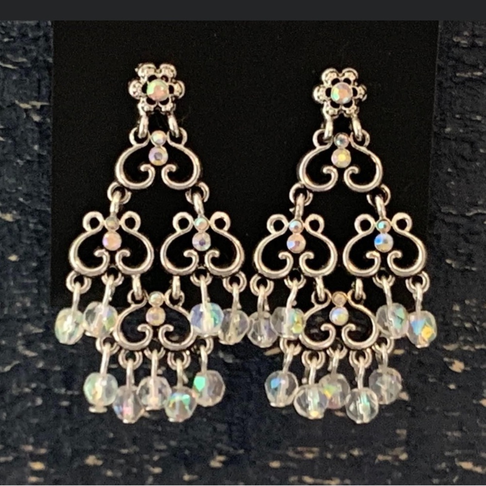 Dangling Beaded Silver Pair of Earrings Costume Jewelry/Formal/Pageant